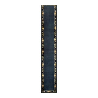 1920s Navy Blue Solid Minimalist Deco Antique Chinese Peking Runner Rug For Sale