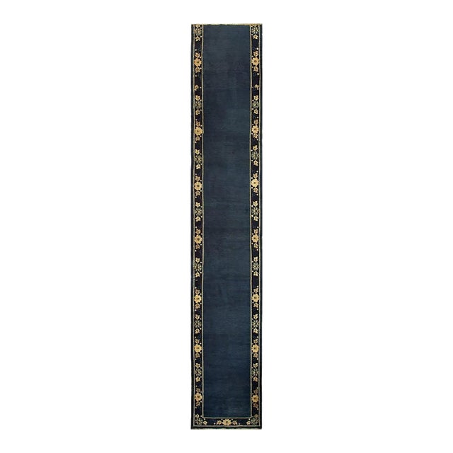 1920s Navy Blue Solid Minimalist Deco Antique Chinese Peking Runner Rug For Sale