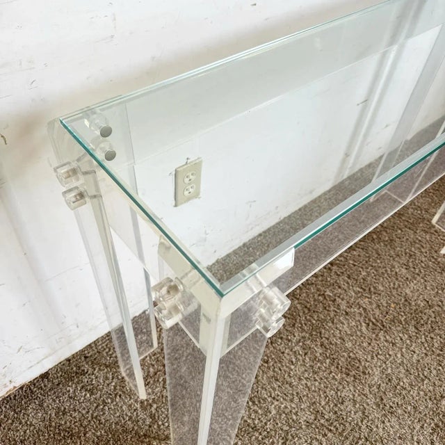 Postmodern Bolted Lucite and Inlaid Glass Top Console Table For Sale - Image 4 of 7