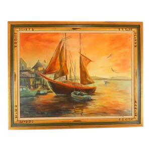 Vintage Framed Oil on Canvas Harbor Scene - Artist Signed