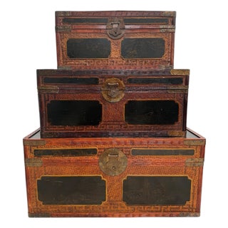 Maitland Smith Chinoiserie Trunk Set of 3 With Brass Hardware Hand Painted Panels Complete Set Chests For Sale