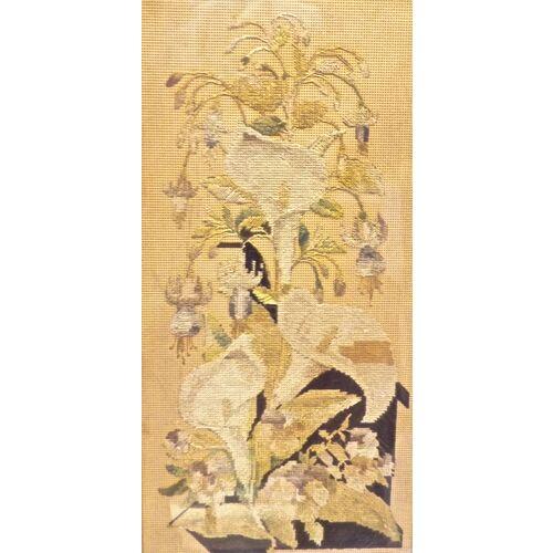 Antique needlepoint depicting calla lilies and fuchsias. Displayed in a wood frame. No maker's mark.