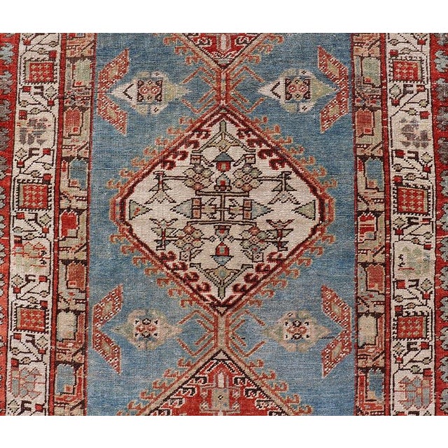Textile Antique Hand-Knotted Sarab Runner With Sub-Geometric Design in Red, Blue & Ivory 3'2"x10'2" For Sale - Image 7 of 12