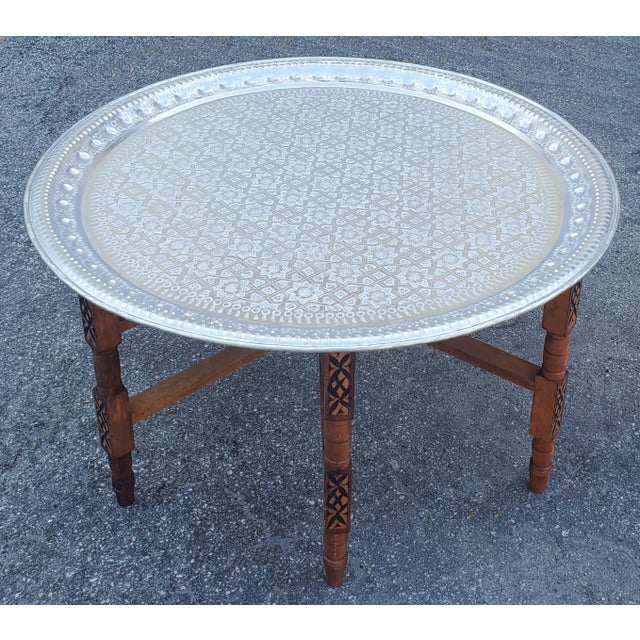 Moroccan Silver Tray Table With Wooden Folding Base For Sale In Orlando - Image 6 of 6