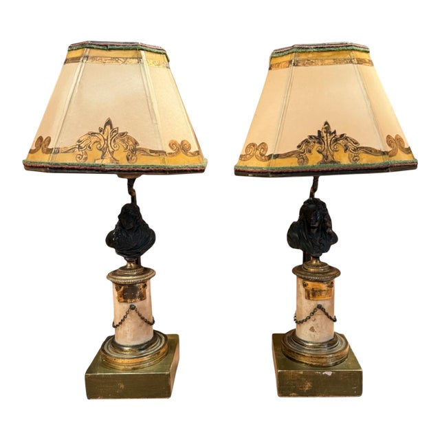 Pair of 18th Century French Bronze and Marble Statuette Miniature Lamps For Sale
