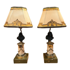 Pair of 18th Century French Bronze and Marble Statuette Miniature Lamps