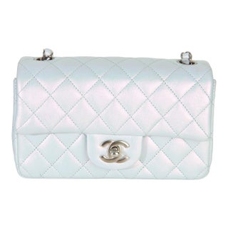 Blue Iridescent Quilted Goatskin Rectangular Mini Flap For Sale