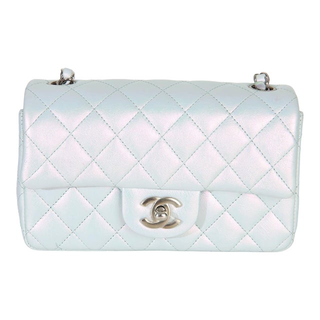 Blue Iridescent Quilted Goatskin Rectangular Mini Flap For Sale