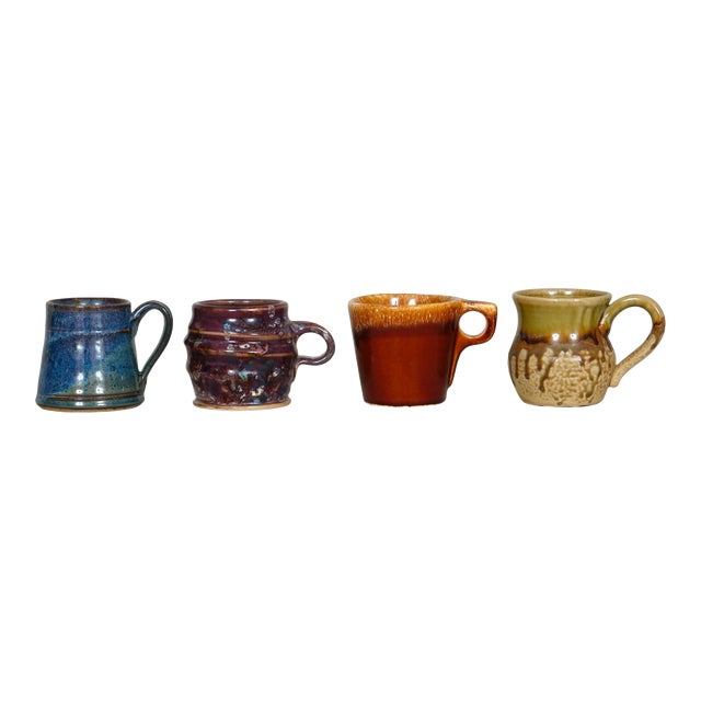Mismatched Drip Glaze Earthenware Mugs - Set of 4 For Sale