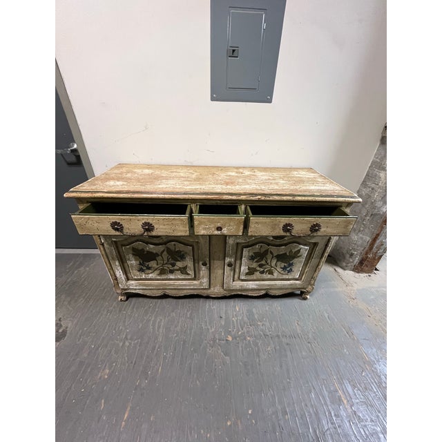 Tan French Provincial Style Painted Floral Sideboard Buffet For Sale - Image 8 of 12
