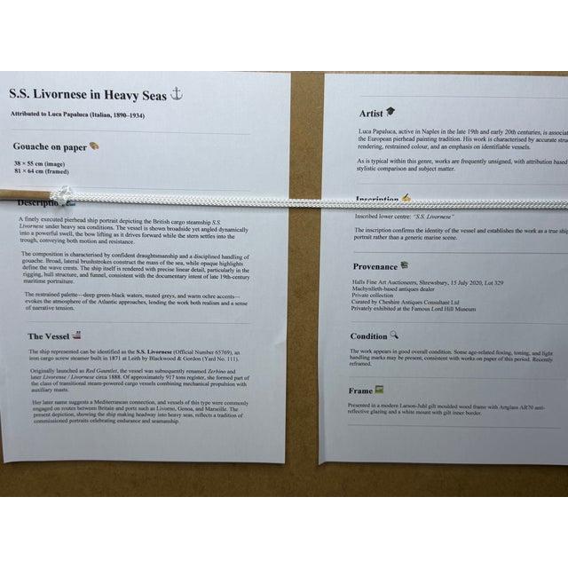 s.s. Livornese in Heavy Seas — Antique Marine Gouache Steam Sail Ship Portrait, Attributed to Luca Papaluca (Italian, 1890–1934) For Sale - Image 17 of 18