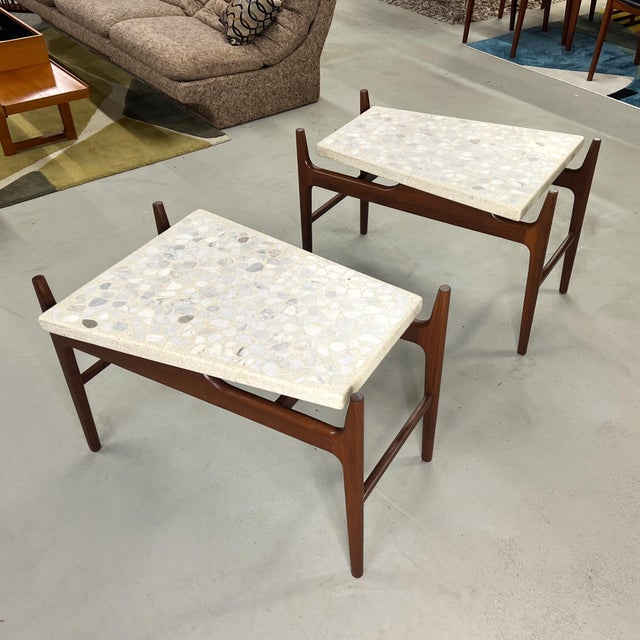 Pair of Sculptural Walnut and Terrazzo Side Tables, Attributed to John Keal for Brown Saltman. California Modern, circa...