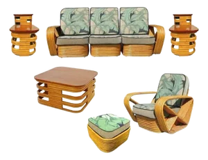 Restored Six-Strand Square Pretzel Frankl Rattan & Mahogany Living Room Set