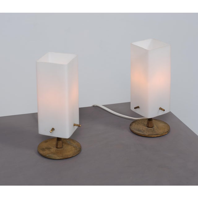 Gold 1950s Italian Opaline Glass and Brass Bedside Table Lamps, Set of 2 For Sale - Image 8 of 9