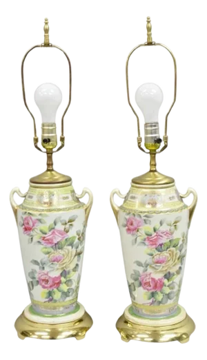 Antique French Victorian Hand Painted Porcelain Pink Rose Table Lamps - A Pair