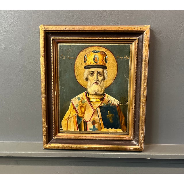 1920s Antique Oil Painting on Board - Russian Icon Portrait of Saint Nicholas Circa 1925 For Sale - Image 5 of 9