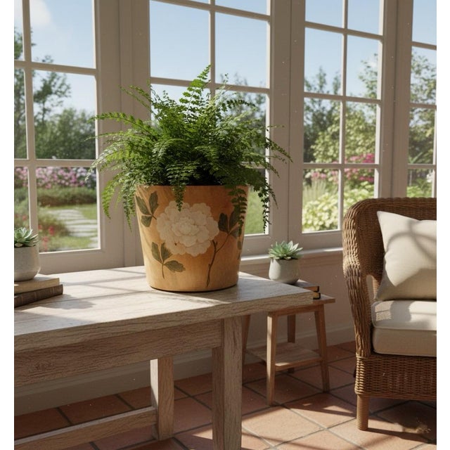 Wood Hand-Painted Floral Wood Cachepot With Peony Motif For Sale - Image 7 of 8