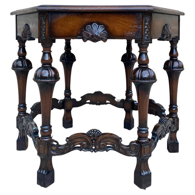 Brown Antique Hexagonal Side or Center Walnut Table with Six Carved Legs For Sale - Image 8 of 18