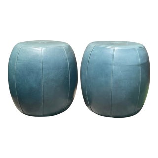 Teal Leather Pouf Ottomans - a Pair For Sale