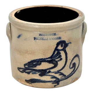 Antique Massachusetts Blue Bird Decorated Stoneware 1 Gallon Storage Crock by Somerset Potters Works For Sale