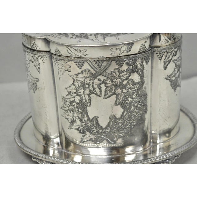 Antique English Victorian Silver Plated Etched and Footed Hinged Biscuit Barrel Jar on Attached Stand, Numbered S5537....