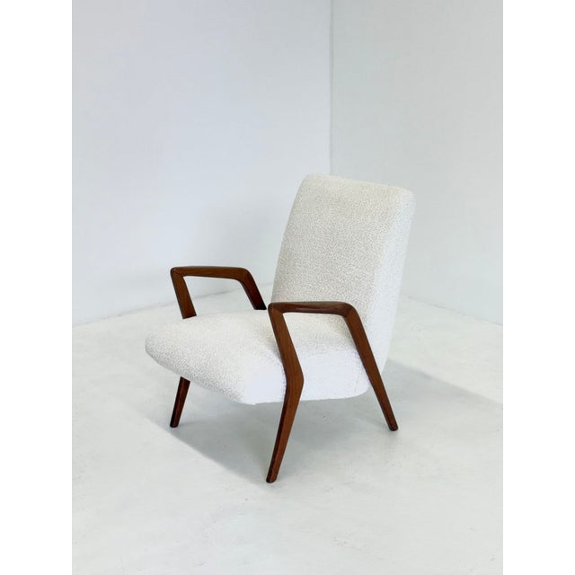 Mid-Century Modern Mid-Century Italian Lounge Armchair in Cherrywood and White Bouclé, 1950s For Sale - Image 3 of 14