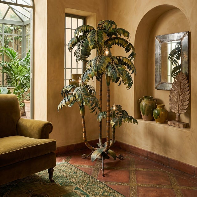 Coastal Vintage Tole Palm Tree Floor Lamp With Triple Trunk Design For Sale - Image 3 of 13