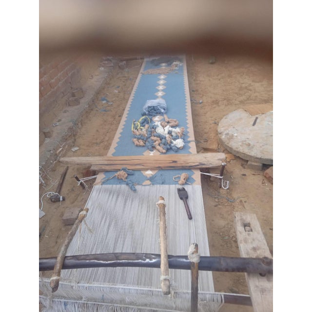 Handmade New Zealand Wool Dhurrie Runner, Turquoise Blue, Cream and Beige Diamond Runner Rug - 3'x16' For Sale - Image 10 of 15