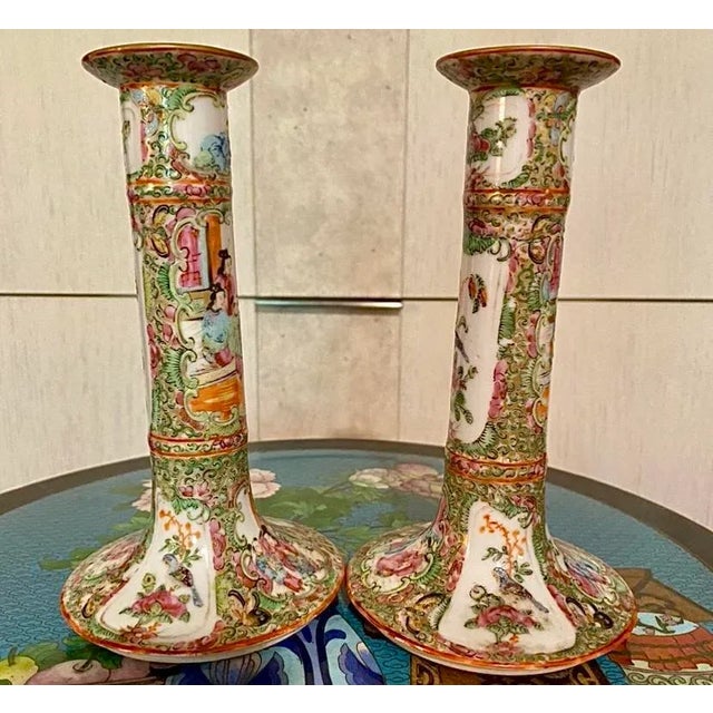 Mid 19th Century Pair of Antique Rose Medallion Candlesticks, Circa 1860 For Sale - Image 5 of 12