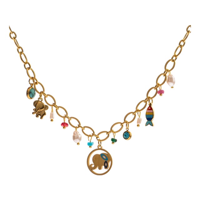 Lucky Elephant & Fish Charm Choker Necklace For Sale