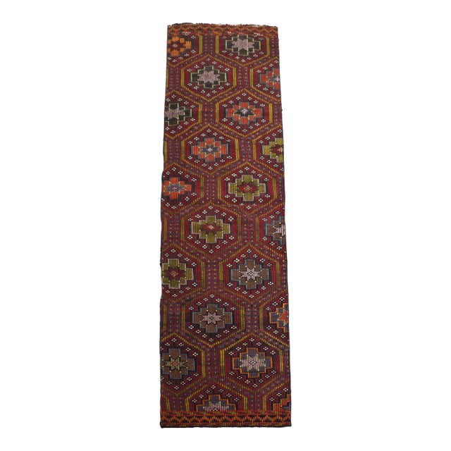 1970s Vintage Handmade Wool Cotton Red Cicim Kilim Runner Rug For Sale