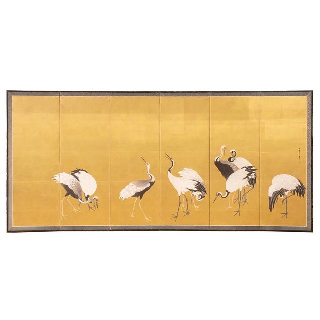 18c Edo Japanese Screens Pair Cranes Gold Leaf on Paper Signed Antique Framed Set of Two Folding Byobu For Sale - Image 4 of 15