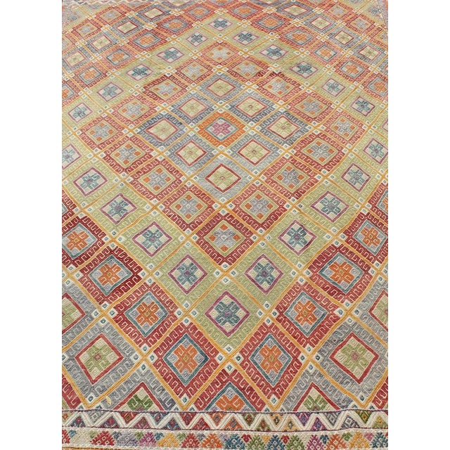 Textile Mid 20th Century Geometric Diamond Vintage Turkish Kilim Rug, Bright and Colorful For Sale - Image 7 of 13