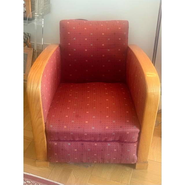 Set of two Danish Deco club chairs from the 1930s in elm wood and original red patterned upholstery in great condition.