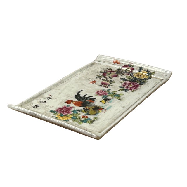 Asian Vintage Finish Rooster Flower Graphic Rectangular Porcelain Plate Art For Sale - Image 3 of 10