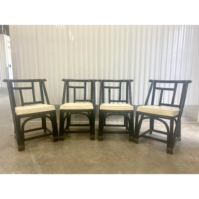 1960s Black Painted Bamboo Chinoiserie Style Chairs by Hebert Ritts - Set of 4 For Sale - Image 4 of 12