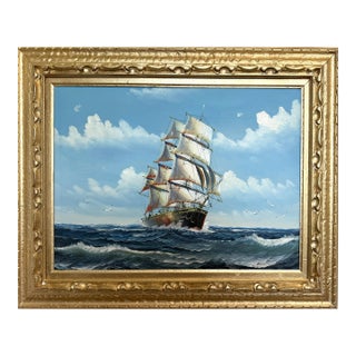 Original Oil Painting on Canvas Seascape Sailing Ship Signed Maritime Art Framed For Sale