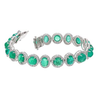 Natural Zambian Emerald caboshan Bracelet with Diamond and 18k Gold For Sale