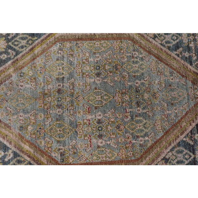 Cerulean Antique Persian Senneh Rug With Soft Blue Field and Geometric Medallion For Sale - Image 8 of 13