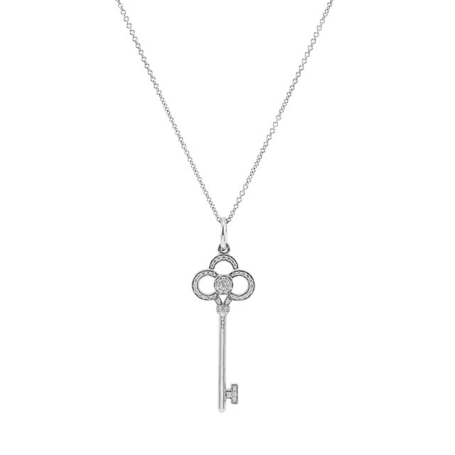 Tiffany and Co. Tiffany & Co. Keys 18k White Gold Pave Diamond Mini Crown Key Pendant Necklace For Sale - Image 4 of 9