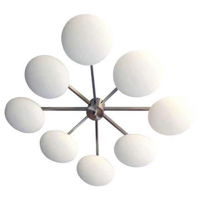 Italian flush mount with eight matte white Murano glass shades mounted on solid brass frame in satin nickel finish / Made...