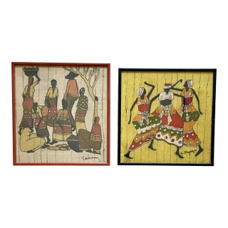 Pair of African Batik Art Signed Tribal 9x9 Each Custom Framed Signed. Set of 2 For Sale