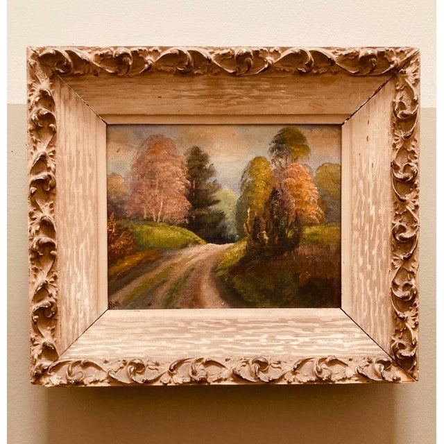 Vintage Oil Painting Autumn Landscape Giltwood Carved Frame Mid-Century For Sale - Image 13 of 18