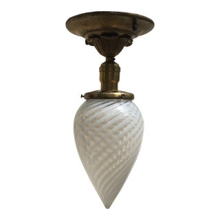 Vintage Brass Flush Mount Fixture With Vintage Opalescent Swirl Shade For Sale