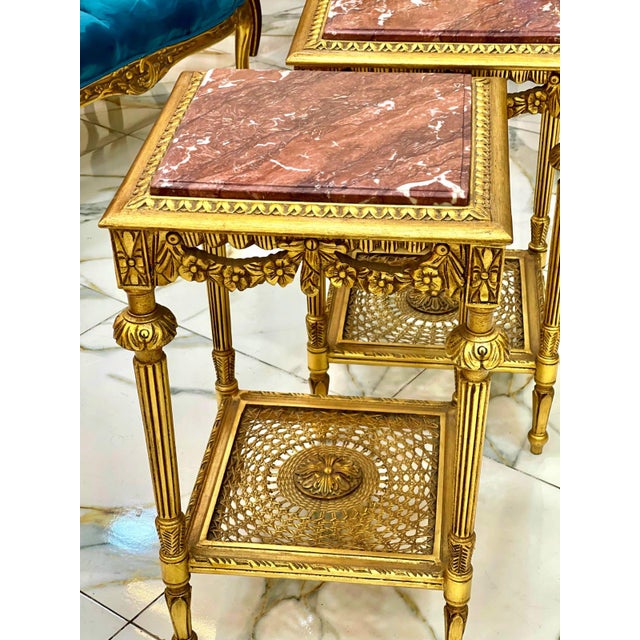 2010s 1990s French Style Marble Topped Side Table Set – Gold Accents, Elegant Design For Sale - Image 5 of 8