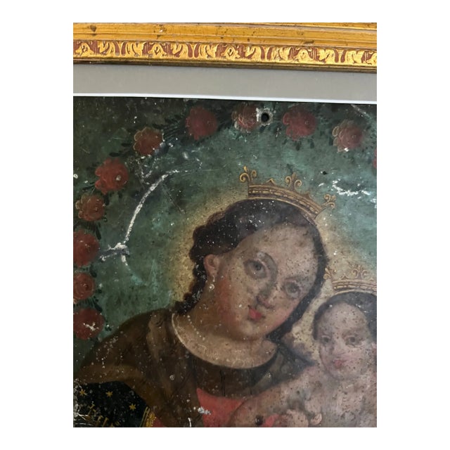 19th Century Virgin Mary and Christ Child Retablo, Oil on Tin For Sale