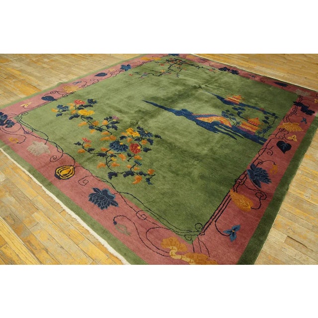 1920s Green Chinese Art Deco Carpet ( 8' x 9'6" - 244 x 290 ) A pagoda, arched bridge and gazebo float in on medium blue...