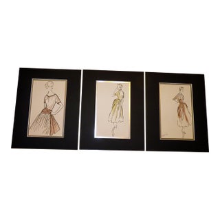 Set of 3 Original 1950s Fashion Production Sketches With Designer Notes Matted 11" X 14" For Sale