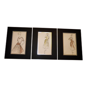 Set of 3 Original 1950s Fashion Production Sketches With Designer Notes Matted 11" X 14"