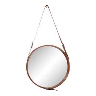 Jamie Young Round Mirror in Brown Leather, Large For Sale
